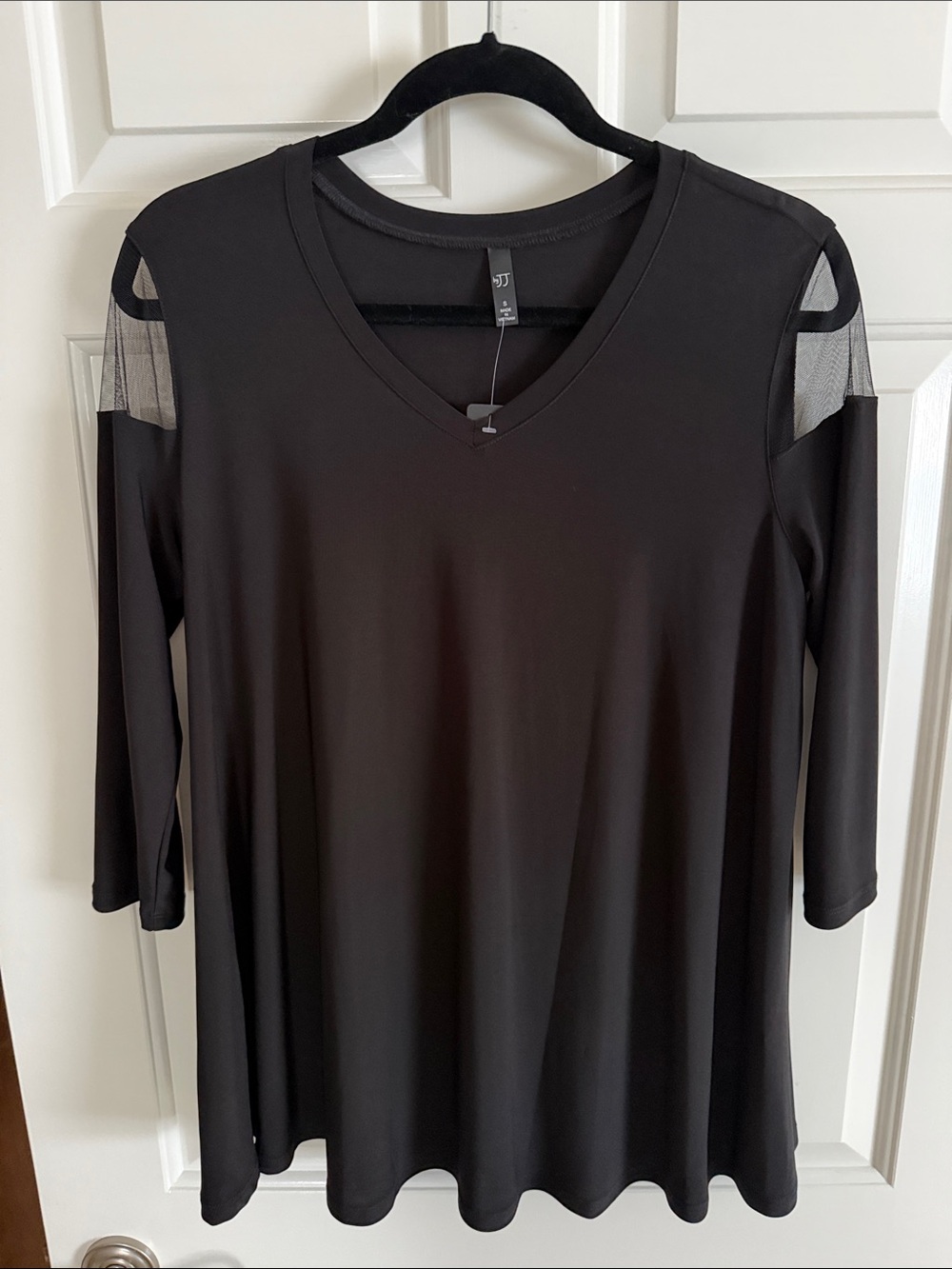 Women's Black V-Neck Cold-Shoulder tunic with Mesh Detail